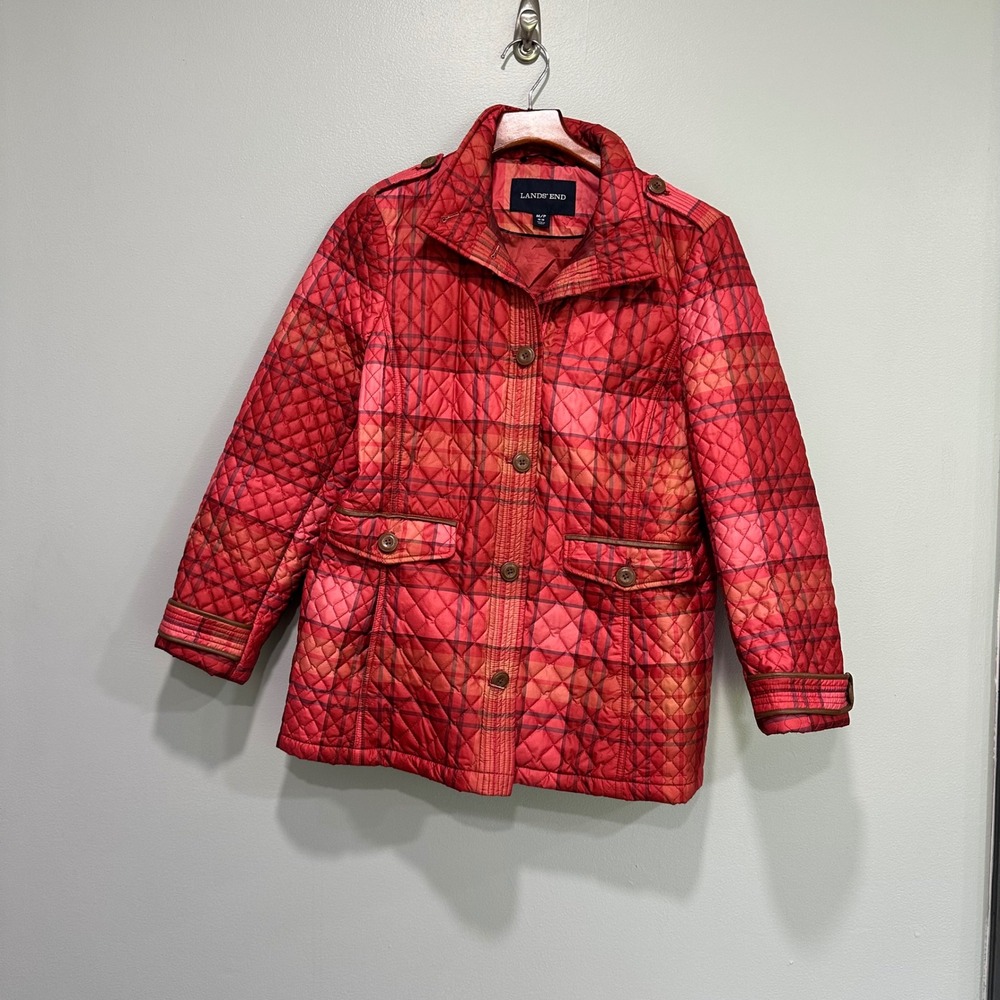 Lands' End Quilted Jacket Plaid Snap Front Pockets Red Orange Lightweight fall M